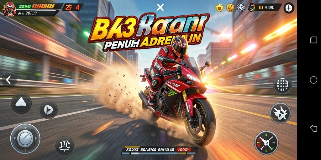 Screenshot gameplay ZK3 yang menampilkan balapan motor yang cepat dan intens.